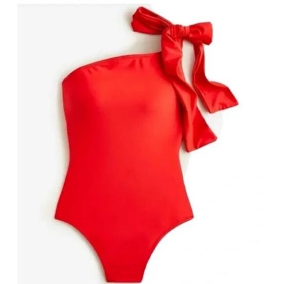 J. Crew Womens One Shoulder Bow Swimsuit Size 20 Red One Piece Padded Preppy - Picture 2 of 14